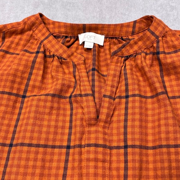 LOFT Burnt Orange Plaid Blouse Women's S Fall Core Rustic Cozy Autumn Top - Picture 5 of 12